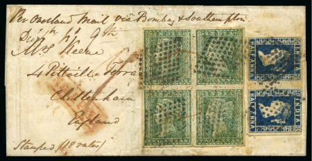 1854-55 1/2a blue, die I, pair, plus 2a green, block of four, all cancelled or tied diamond of dots, on 1855 small neat envelope to England (*)