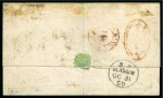 1859 Folded cover from Singapore to Glasgow, franked 1855 4a black on blue glazed paper BISECTED single (*)