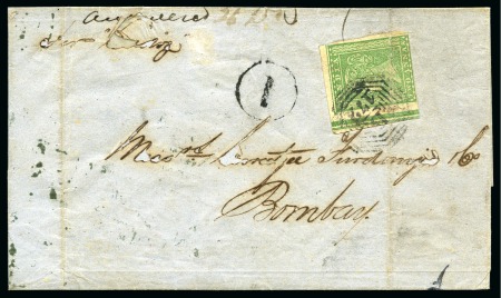 1854 2a green, left sheet marginal, neatly tied 'B/172' octagonal of Singapore (*)