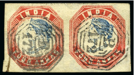 1854-55 4a blue and red, 4th printing, horizontal pair, both neatly cancelled by crisp clear 'B/172' octagonal pmk of Singapore (*)