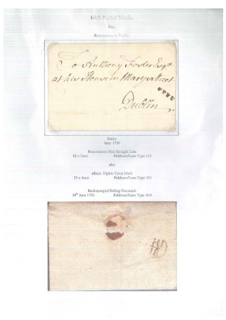 Stamp of Ireland » Collections 1750-1838, Collection of FREE fronts (18) and covers (25) written up on pages