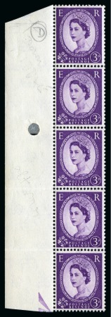 1959 Wilding 3d deep violet "Dollis Hill Phosphor Trial" in mint nh left hand marginal vertical strip of five