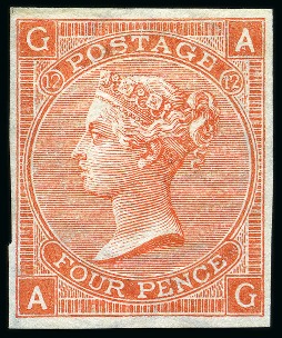 1865-67 4d Vermilion pl.12 AG imperforate imprimatur, mint og