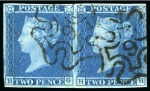 1841 2d Blue pl.3 HG-HI pair with close to large margins, both neatly cancelled by crisp strikes of the London "9" in MC