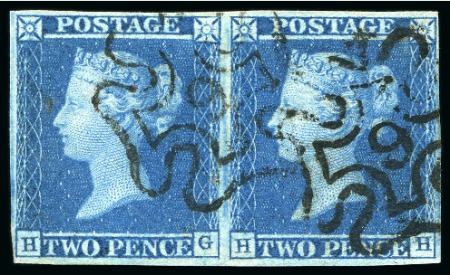 Stamp of Great Britain » 1841 2d Blue 1841 2d Blue pl.3 HG-HI pair with close to large margins, both neatly cancelled by crisp strikes of the London "9" in MC