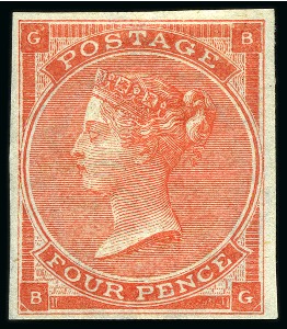 1862-64 4d Bright Red pl.4 (with hair lines) imperforate imprimatur, mint og