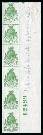 1929 PUC 1/2d green (wmk upright) mint nh imperforate right hand marginal vertical strip of six imprimaturs from the endways coil printing