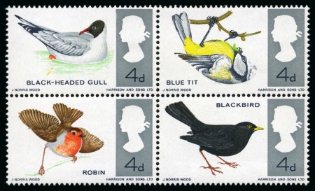 Stamp of Great Britain » Queen Elizabeth II 1966 British Birds (non-phosphor paper) 4d se-tenant mint nh block of four with BRIGHT BLUE OMITTED