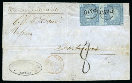 Stamp of Mauritius » 1859 Lapirot Issue » Retouched Plate THE UNIQUE 'MAURITUS' ERROR COVER: 1859 Lapirot 2d blue horizontal pair both from the RETOUCHED PLATE, position 9 showing the UNIQUE 'MAURITUS' for MAURITIUS error