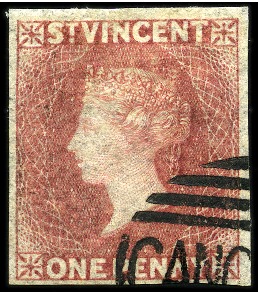 Stamp of St. Vincent 1861 No Wmk 1d rose-red imperf. with partial "CANCELLED" hs, part og, presented by the printers Perkins Bacon to Ormond Hill 