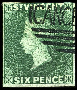 Stamp of St. Vincent 1861 No Wmk 6d deep green imperf. with partial "CANCELLED" hs, part og, presented by the printers Perkins Bacon to Ormond Hill