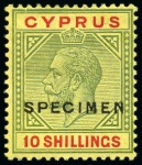 1921-23 £1 Purple & Black on red and 10s green & red on pale yellow with SPECIMEN overprints