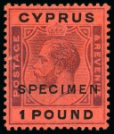 1921-23 £1 Purple & Black on red and 10s green & red on pale yellow with SPECIMEN overprints