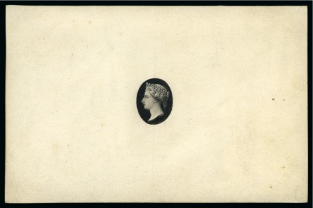 Essay in pen and ink of the Queen´s head in solid black oval surround, executed on thick card