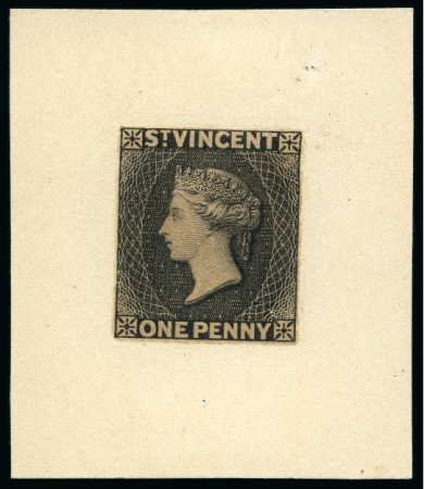 Stamp of St. Vincent Die Proofs 1d. stamp-size in black on India paper and affixed to card