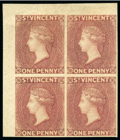 Stamp of St. Vincent Plate Proofs 1d. in rose-red, an upper left corner block of four