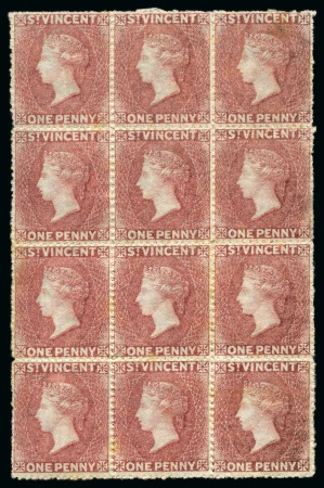 Stamp of St. Vincent 1d. rose-red, a block of twelve, with large part to full original gum