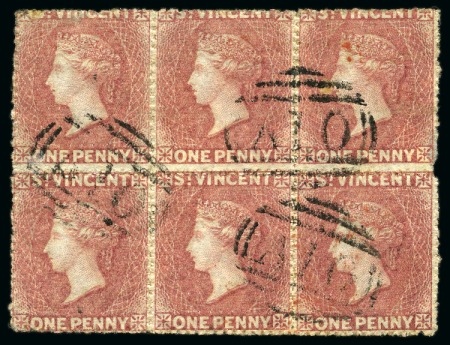 Stamp of St. Vincent 1861 1d. rose-red, a block of six with rough perforations, very lightly cancelled