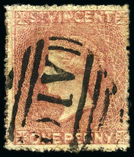 Stamp of St. Vincent 1861 1d. rose-red, clearly showing variety double impression, cancelled "A10"