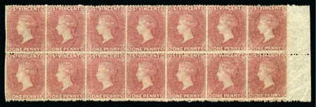 Stamp of St. Vincent THE LARGEST RECORDED MULTIPLE: 1861 1d. rose-red, a block of 14 with variety imperforate vertically