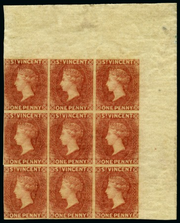 1861 1d. rose-red, an upper right corner block of nine, variety imperforate