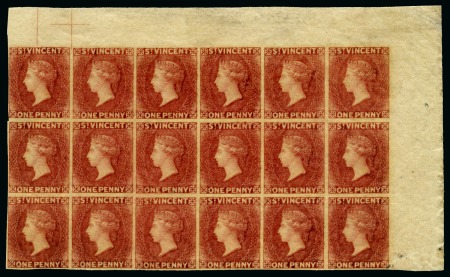Stamp of St. Vincent THE LARGEST RECORDED MULTIPLE: 1d. deep rose-red, an upper right corner block of eighteen, variety imperforate