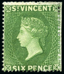 Stamp of St. Vincent 6d. deep yellow-green, excellent colour, unused with small part original gum