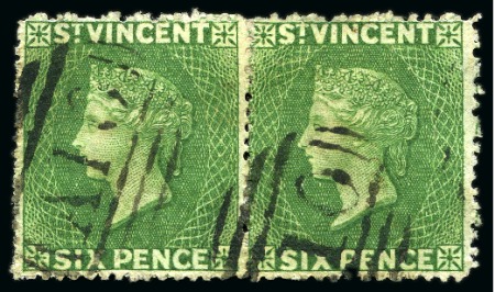 Stamp of St. Vincent 1861 6d. deep yellow-green horizontal pair, fine and lightly cancelled by clear "A10" numeral