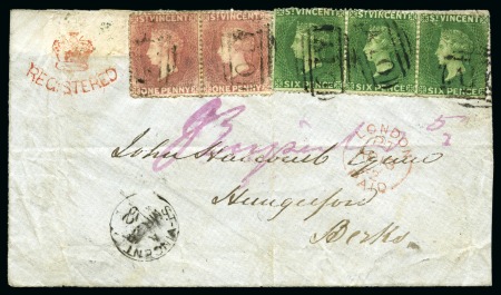 Stamp of St. Vincent ONLY RECORDED STRIP OF THE SIX PENCE VALUE on a registered front