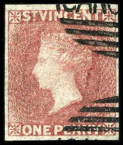 Stamp of St. Vincent 1861 No Wmk 1d rose-red imperf. with partial "CANCELLED" hs, presented by the Printers to Ormond Hill