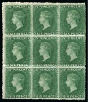 Stamp of St. Vincent 1862 6d. deep green block of nine unused with large part to full original gum