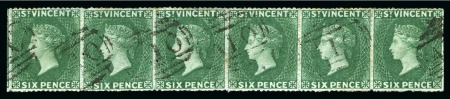 Stamp of St. Vincent THE LARGEST USED MULTIPLE RECORDED: 1862 6d. deep green, a lightly cancelled horizontal strip of six