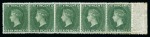 EXTREMELY RARE IMPERFORATE BETWEEN VARIETY: 1862 6d. deep green marginal horizontal strip of five, left hand pair imperforate between