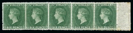 Stamp of St. Vincent EXTREMELY RARE IMPERFORATE BETWEEN VARIETY: 1862 6d. deep green marginal horizontal strip of five, left hand pair imperforate between