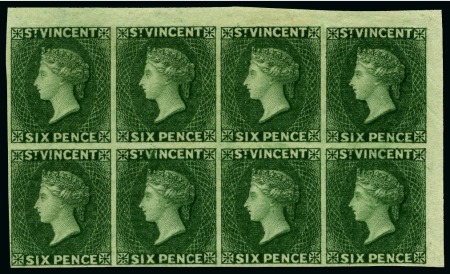 Stamp of St. Vincent THE LARGEST RECORDED MULTIPLE: 1862 6d. deep green top right corner sheet marginal block of eight, variety imperforate