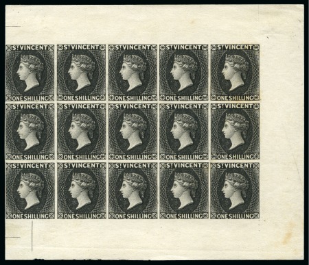 Stamp of St. Vincent 1862-68 Plate Proofs 1s in black on wove paper, a block of fifteen from the right side of a sheet