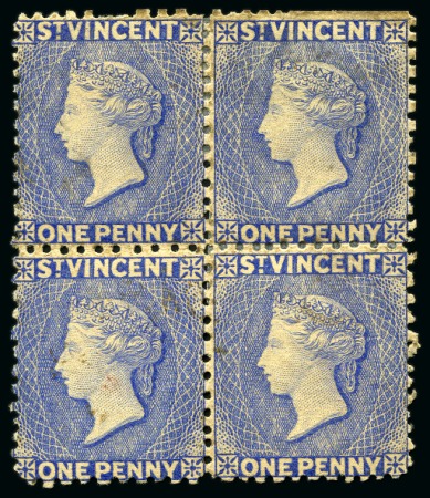 Stamp of St. Vincent 1862-68 Colour Trial 1d. block of four in blue on unwatermarked paper