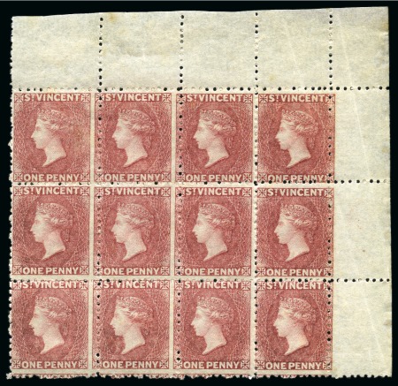 Stamp of St. Vincent 1862-68 1d. rose-red, a top right corner sheet marginal block of twelve, unused with large part to full original gum