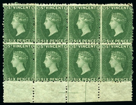 LARGEST RECORDED UNUSED MULTIPLE: 1862-68 6d. deep green, bottom sheet marginal block of eight, unused with part to large part original gum