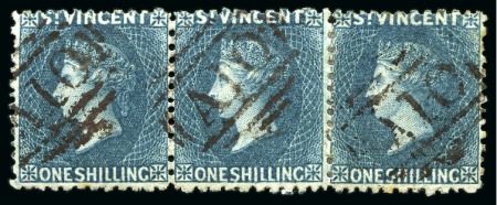 1862-68 1s slate-grey, a horizontal strip of three, each neatly cancelled "A10"
