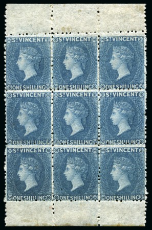 Stamp of St. Vincent LARGEST KNOWN MULTIPLE: 1869 1s indigo, sheet marginal block of nine