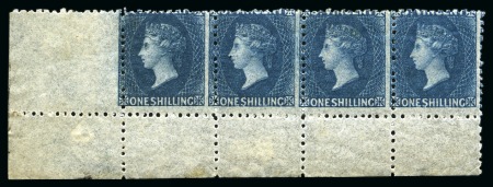 1869 1s indigo, bottom left corner sheet marginal strip of four, unused with large part original gum