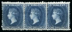 1869 1s indigo, a horizontal strip of three, unused with part to large part original gum