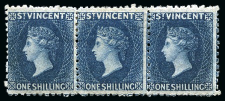Stamp of St. Vincent 1869 1s indigo, a horizontal strip of three, unused with part to large part original gum