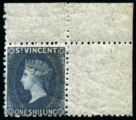 Stamp of St. Vincent 1869 1s indigo, top right corner sheet marginal single, unused with large part original gum