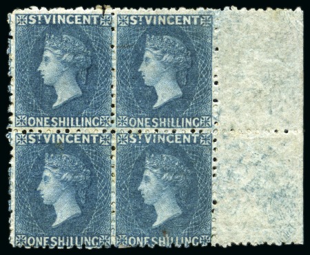 Stamp of St. Vincent 1869 1s indigo, right sheet marginal block of four, unused with large part original gum