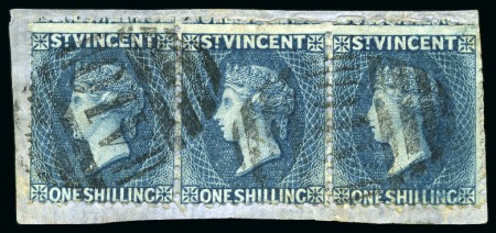 1869 1s indigo, a horizontal strip of three on small fragment