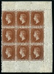 LARGEST KNOWN MULTIPLE: 1869 1s brown, sheet marginal block of nine from the right side of the sheet, unused with large part to full original gum