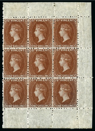 Stamp of St. Vincent LARGEST KNOWN MULTIPLE: 1869 1s brown, sheet marginal block of nine from the right side of the sheet, unused with large part to full original gum
