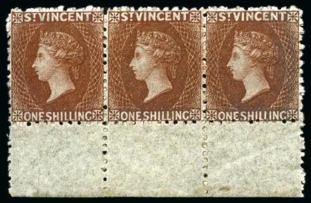 Stamp of St. Vincent 1869 1s brown, bottom sheet marginal horizontal strip of three, unused with part to full original gum